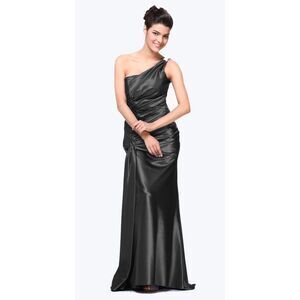 Cinderella Divine 7702 Rhinestone Straps One Shoulder Long Satin Gown Black M